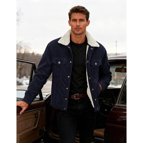 Mens Navy Corduroy Jacket Sherpa Lined Warm Winter Trucker Cargo Coat - Picture 3 of 7